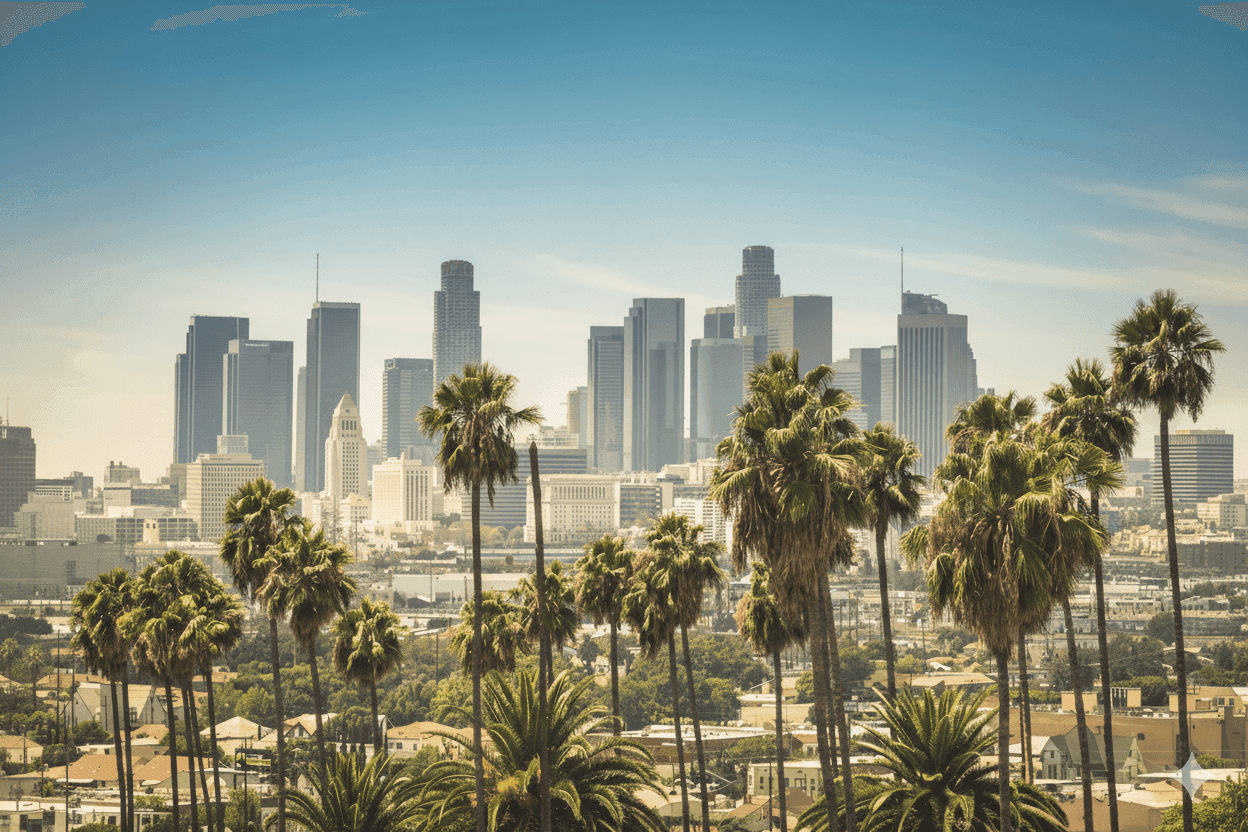 Los Angeles skyline with palm trees